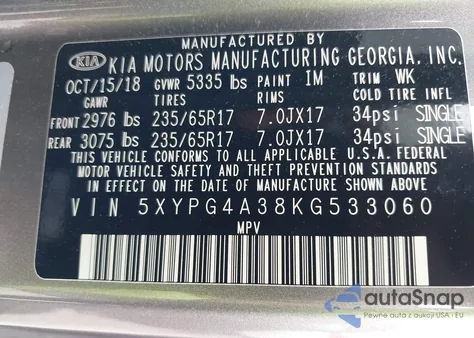 2019 Kia Sorento 2.4L L z USA, uszkodzony, nr VIN 5XYPG4A38KG533060